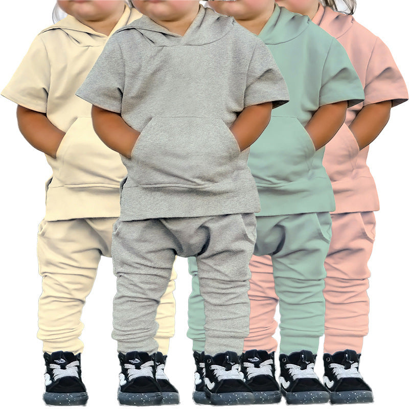 Boys And Girls Fashion Short-sleeved Hooded Tops Casual Pants Set