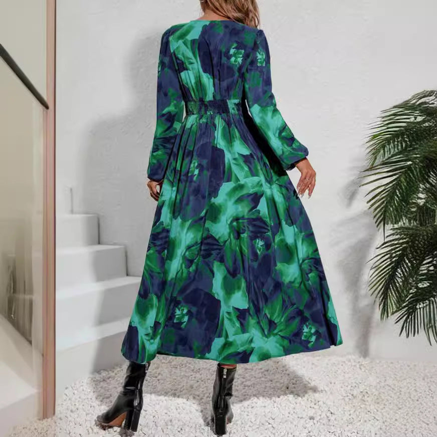 Women's SpringSummer Temperament Waist-controlled V-neck Print Dress