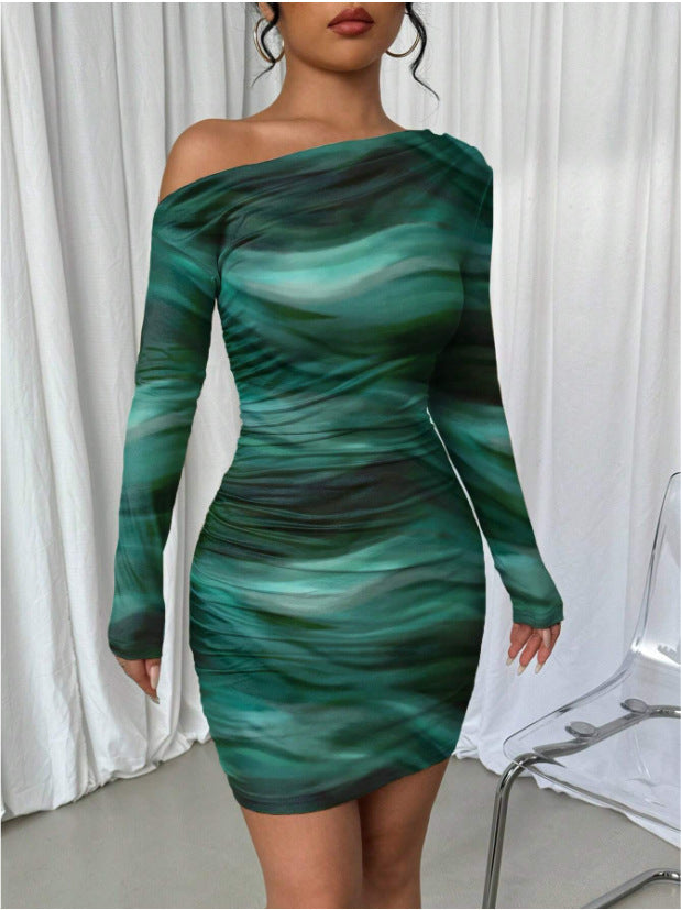 Pleated Slim Fit Long Sleeve Narrow Diagonal Collar Dress Women's Clothing
