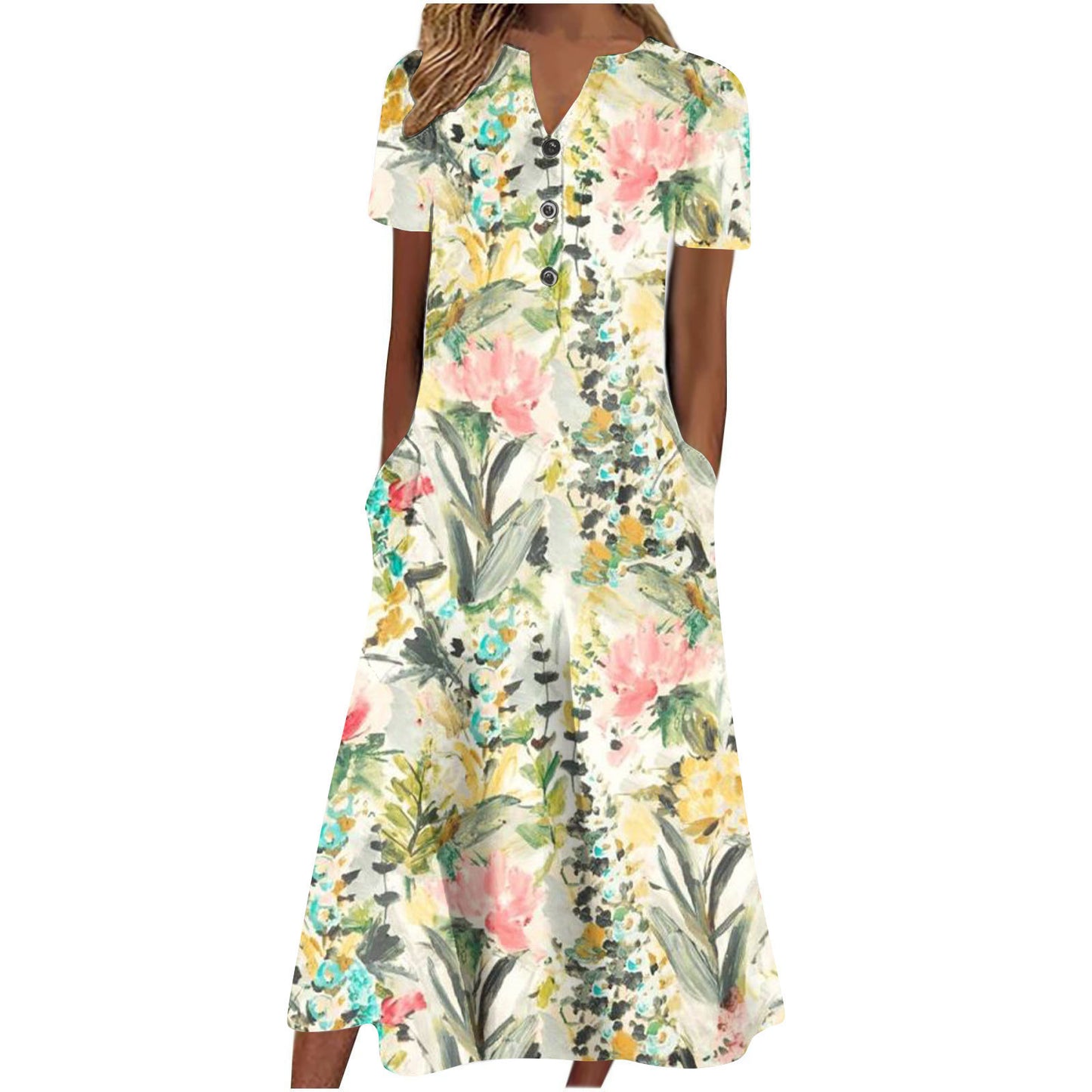 Women Summer Casual Short Sleeved Long Midi Plain Dresses With Pockets