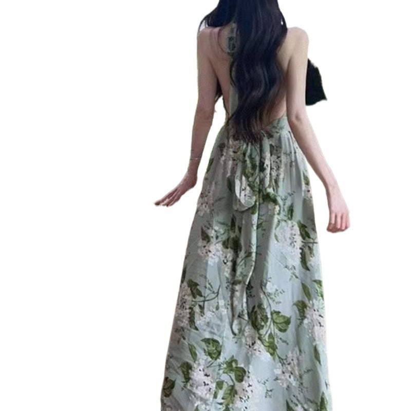 Summer Sleeveless Elegant Waist Trimming Printing Skirt