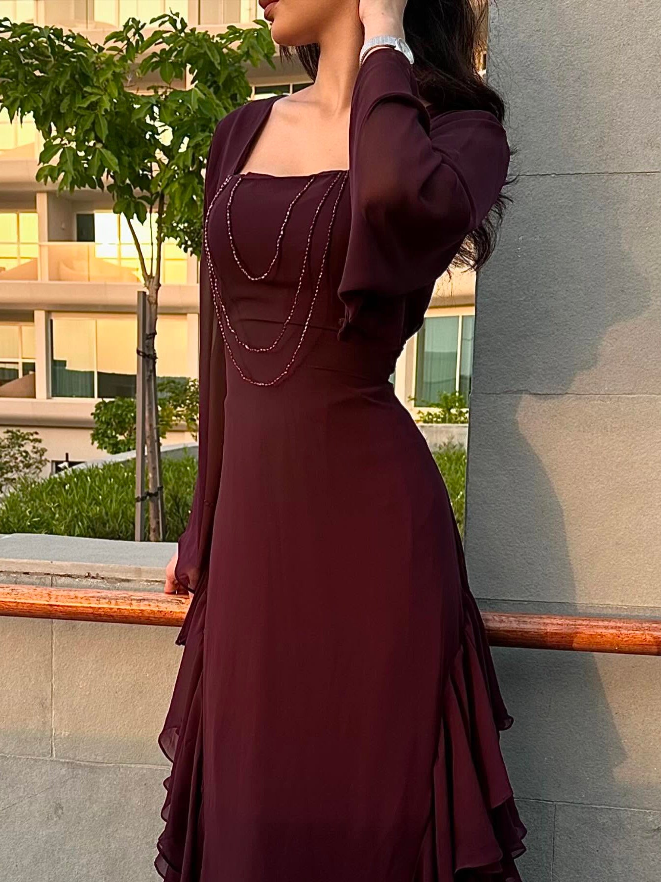 Burgundy Beaded Square Neck Ruffle Maxi Dress