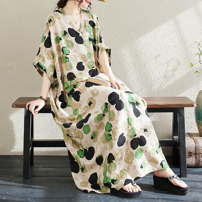 Ethnic Style V-neck Printed Striped Dress Women