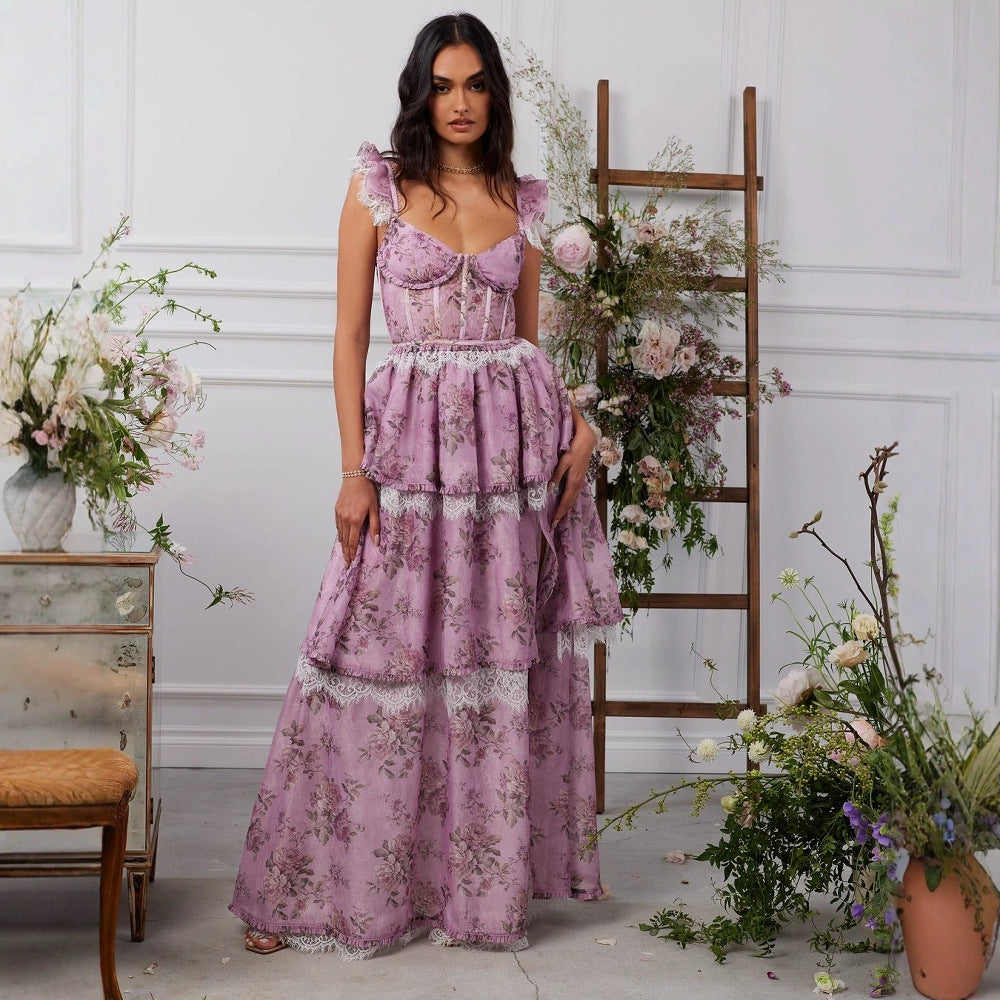 Elegant Graceful Printed Slim-fit Expansion Skirt For Vacation Suspender Dress