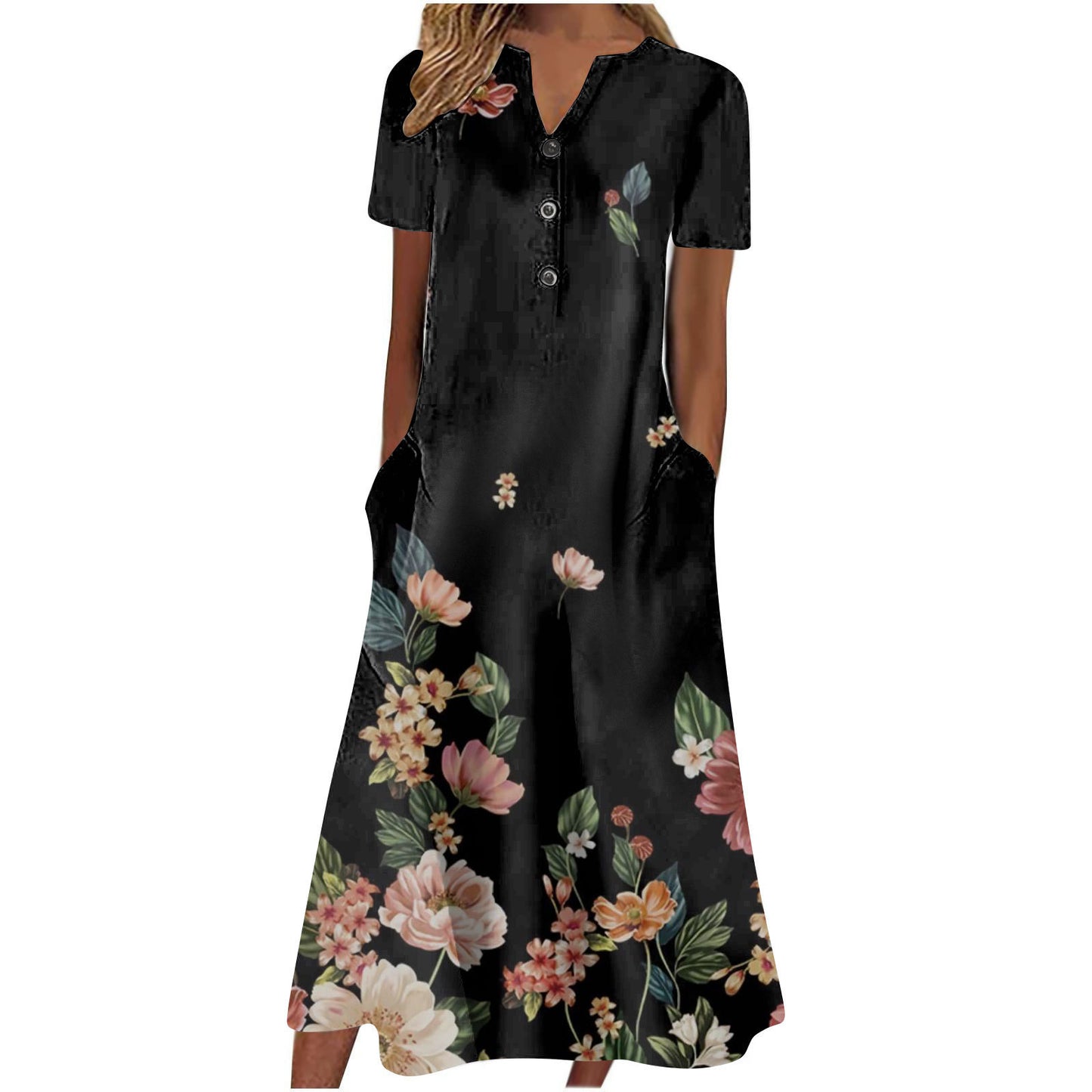 Women Summer Casual Short Sleeved Long Midi Plain Dresses With Pockets