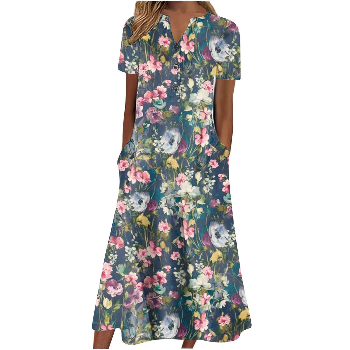 Women Summer Casual Short Sleeved Long Midi Plain Dresses With Pockets