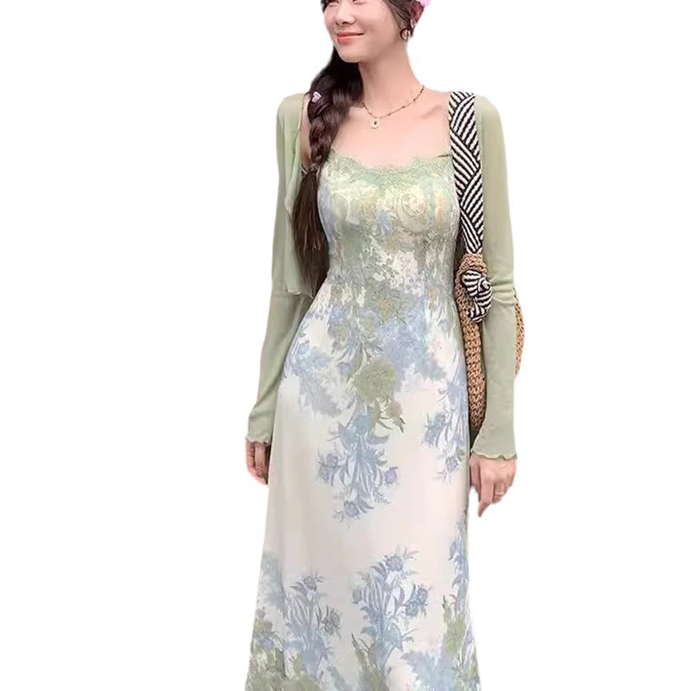 New Chinese Retro Jacquard Dress Women's Summer Cardigan Suspender Skirt Two-piece Set