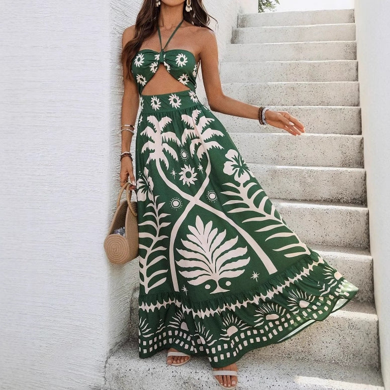 Women's Holiday Style Printed Front Cross Mid-length Dress