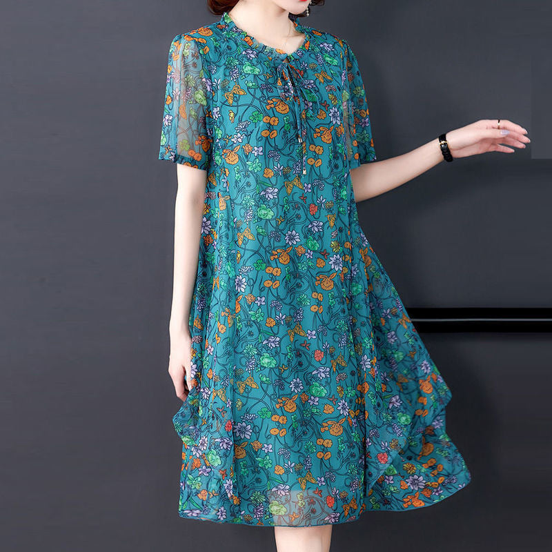 Small Floral Chiffon Mesh Western Style Mid-length Dress With Lining