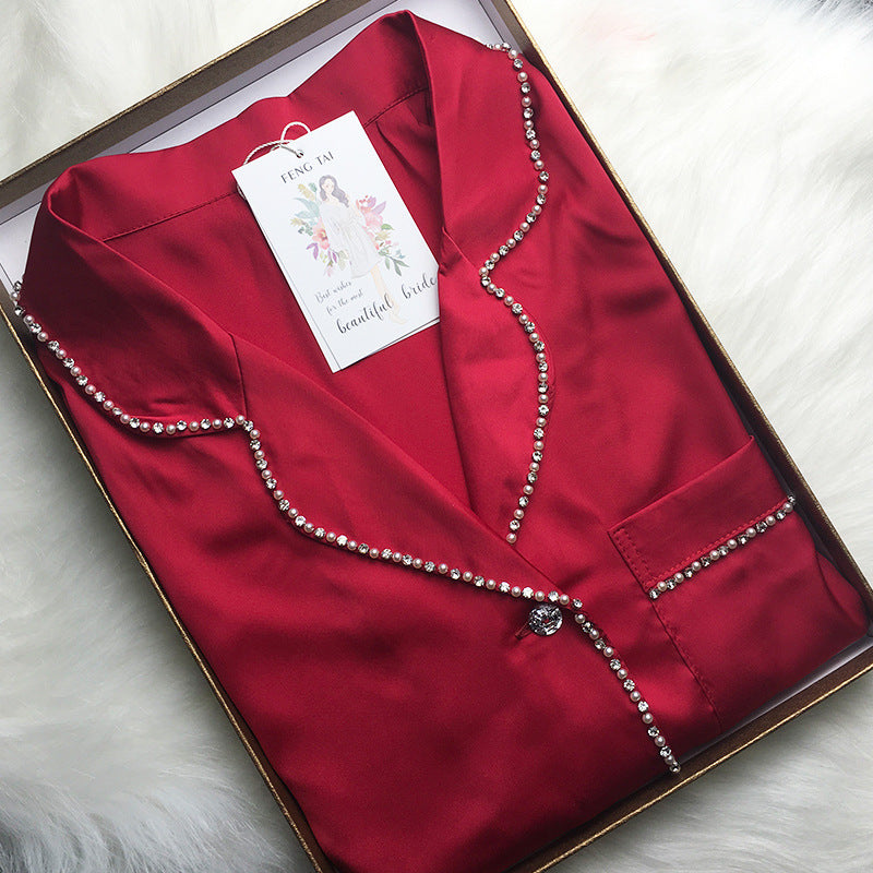 Silk Satin Pearl With Diamonds And Rhinestones Home Service Two-piece Pajamas Women