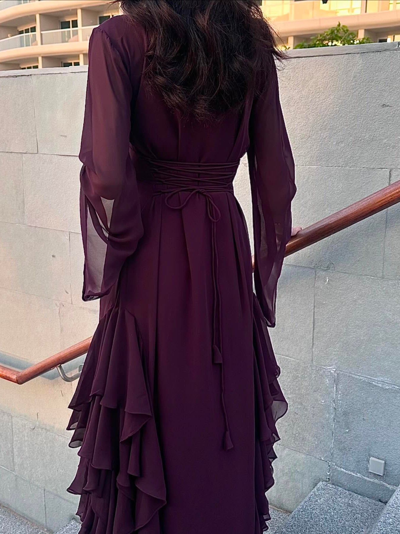 Burgundy Beaded Square Neck Ruffle Maxi Dress