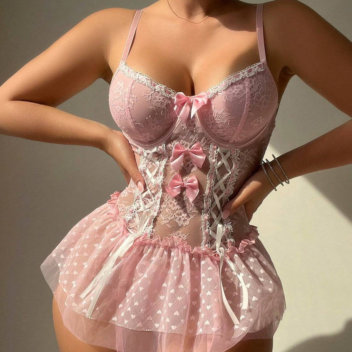 European And American Sexy Steel Ring Push Up Temptation Transparent Mesh Bow One-piece Sexy Lingerie