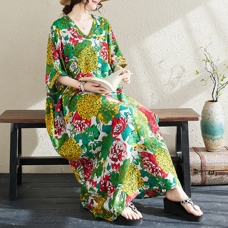 Ethnic Style V-neck Printed Striped Dress Women