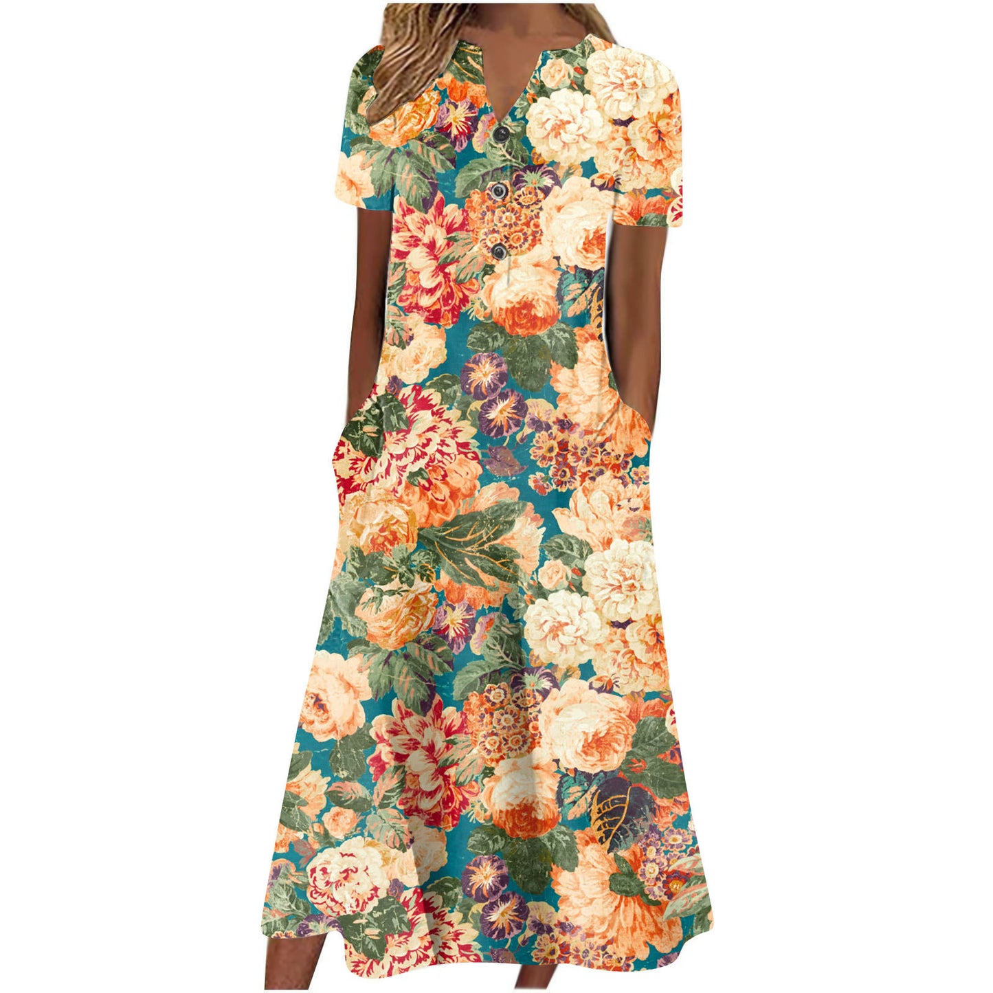 Women Summer Casual Short Sleeved Long Midi Plain Dresses With Pockets