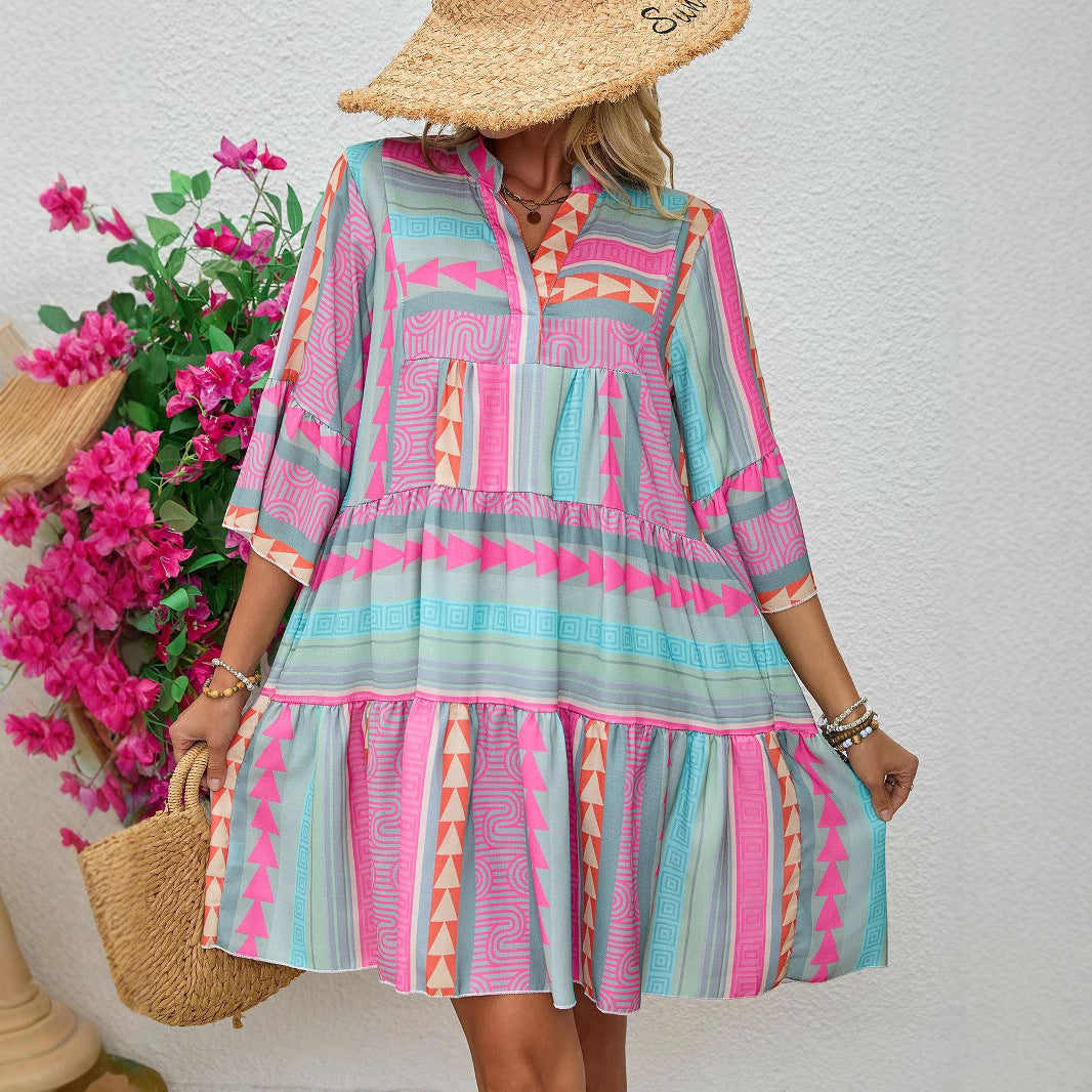 Spring And Autumn Print V-neck Dress