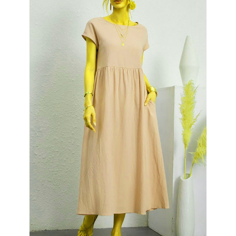 Solid Color Short Sleeved Loose Cotton And Linen Dress With Pockets