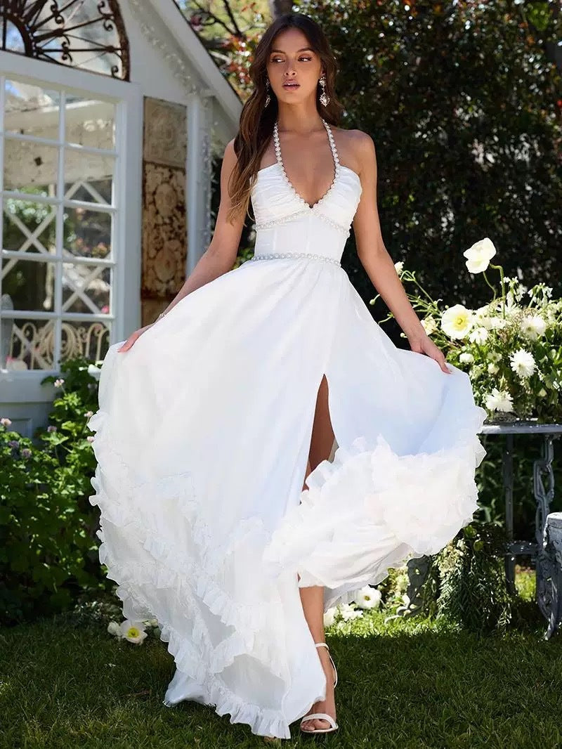 Women's French Romantic Strap Halter White Dress