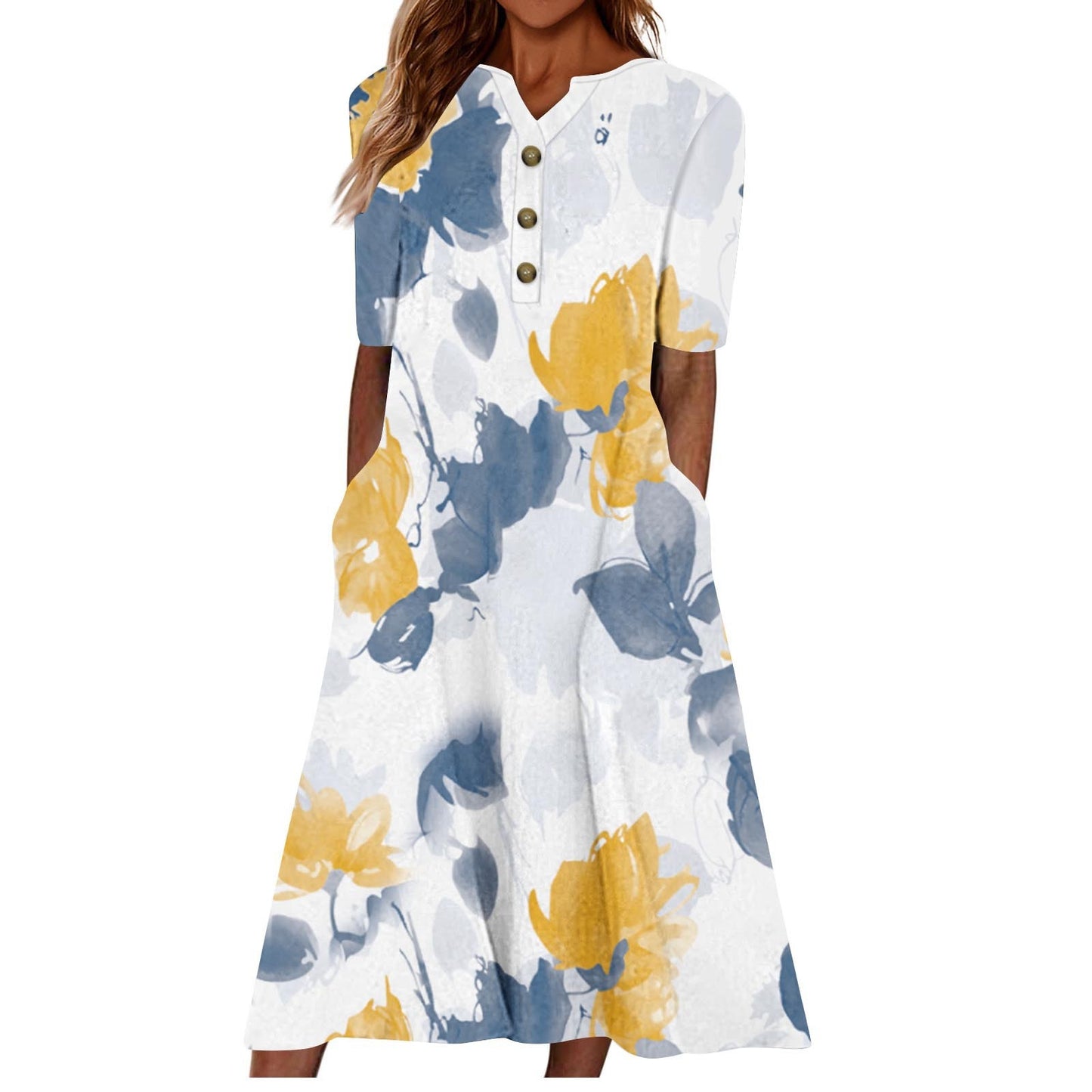 Women Summer Casual Short Sleeved Long Midi Plain Dresses With Pockets
