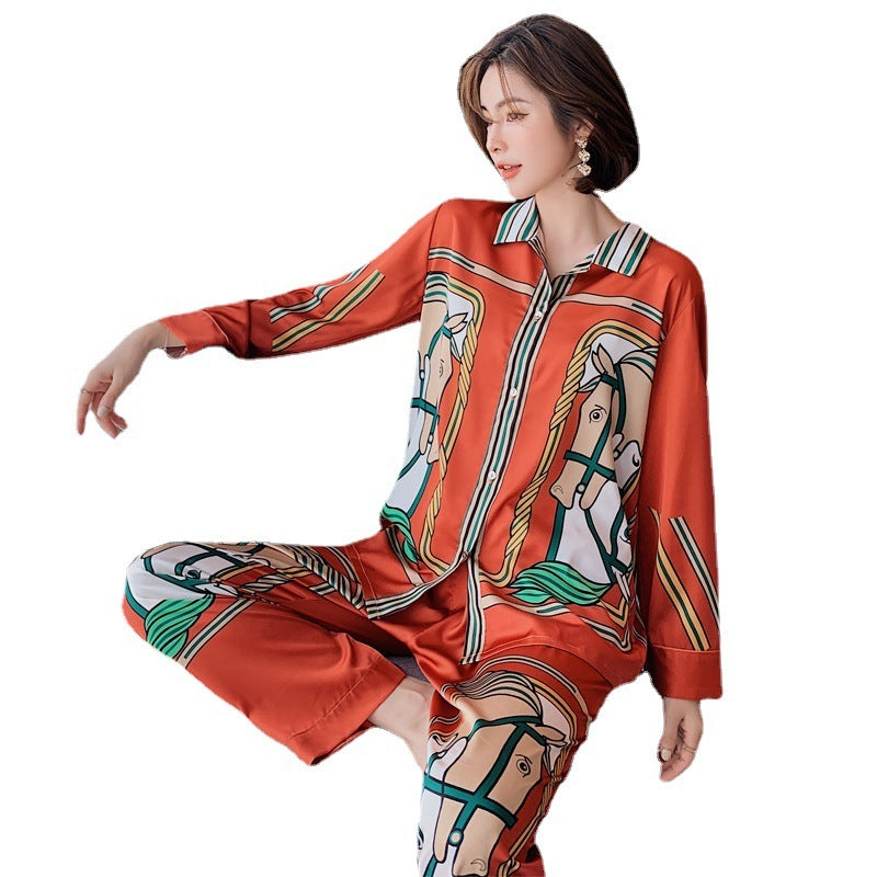 Pajamas Women Ice Silk Fashion Tide Brand Cardigan Casual Long-sleeved Home Service Suit Silk
