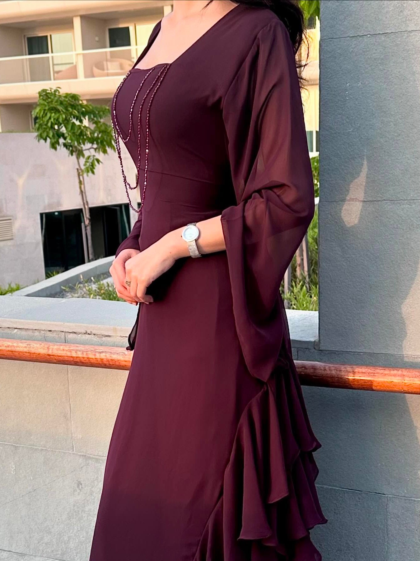 Burgundy Beaded Square Neck Ruffle Maxi Dress
