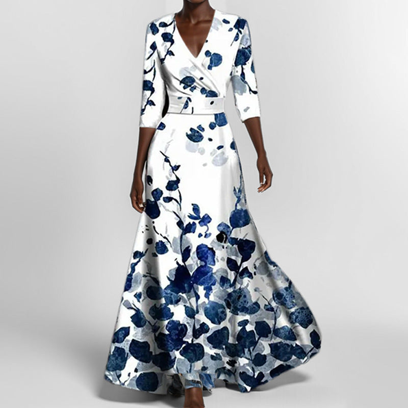 Tight Waist Slim Print V-neck Long-sleeve Dress
