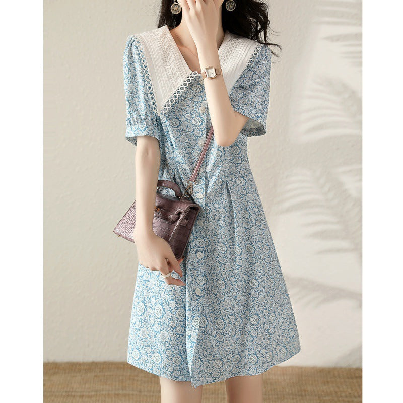 Summer New Fashion Temperament Waist-controlled Slimming Lapel Puff Sleeve Dress
