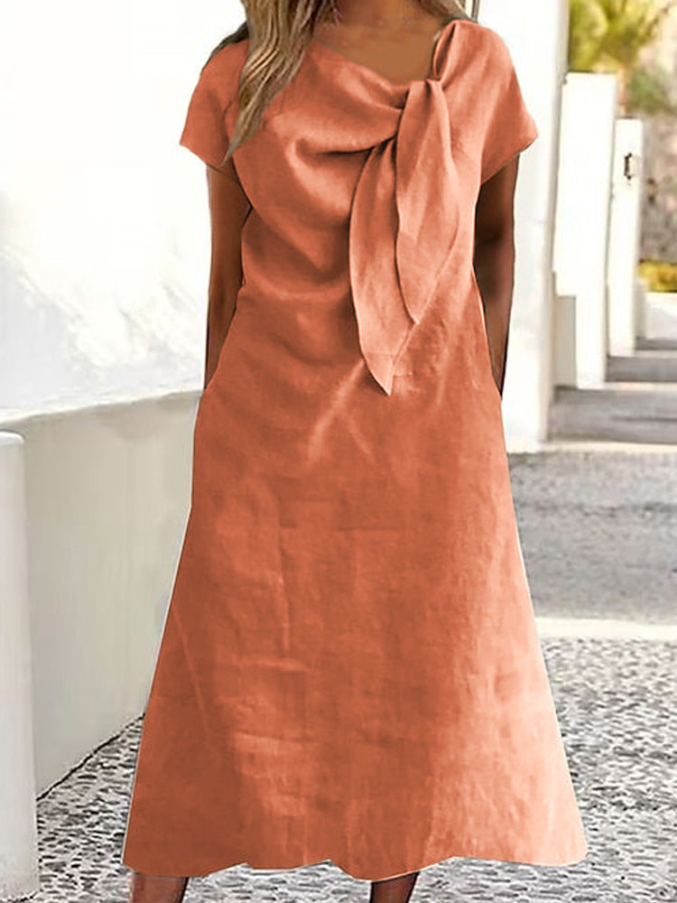 Women's Round Neck Short Sleeve Pocket Cotton And Linen Dress