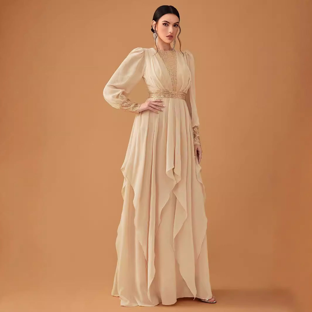 Women's Elegant Chiffon Sequined Lantern Sleeve Dress