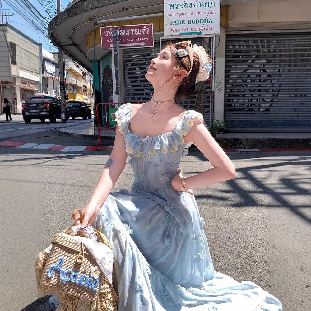 Blue Long Chiffon Printed Flying Sleeve Sling Dress