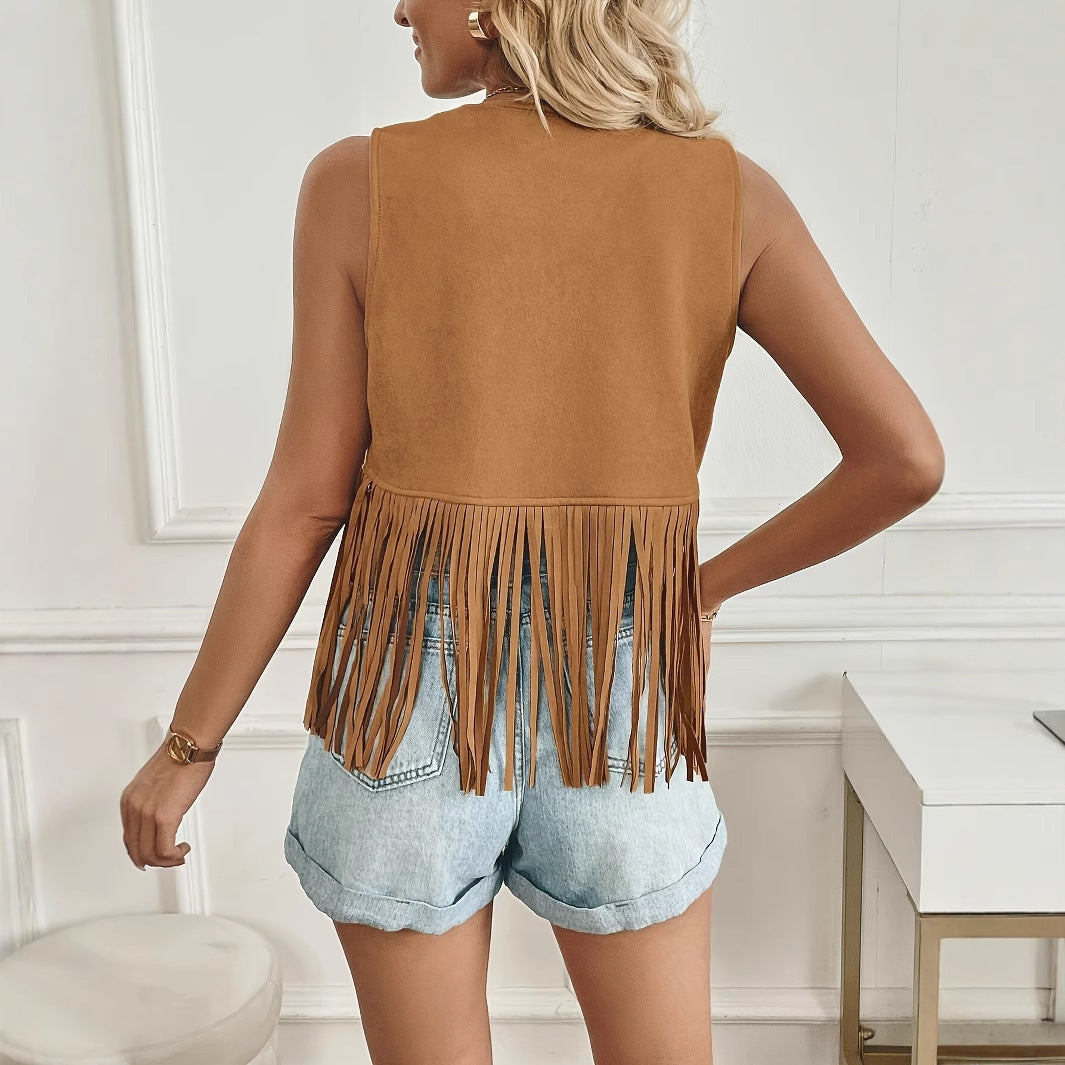 Women's Western Cowboy Style Tassel Casual Solid Color Jacket