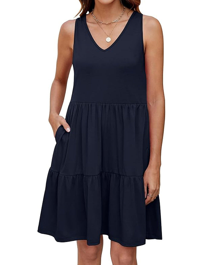Casual V-neck Layered Pleated Sleeveless Vest Dress