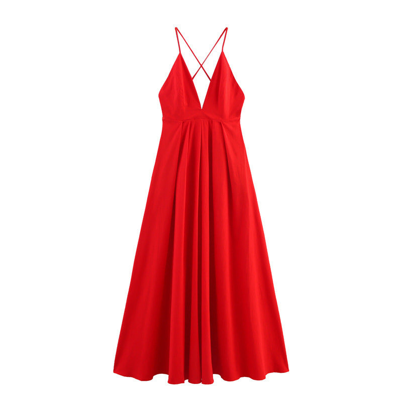 Summer Solid Color Spaghetti Straps Sleeveless Sexy Backless Dress