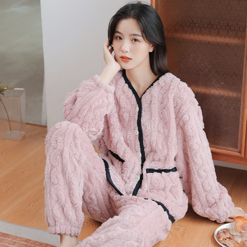 V-neck Cardigan Small Fragrant Wind Soft Pajamas Women Plush Cut Flower Home Service Suit Thickening