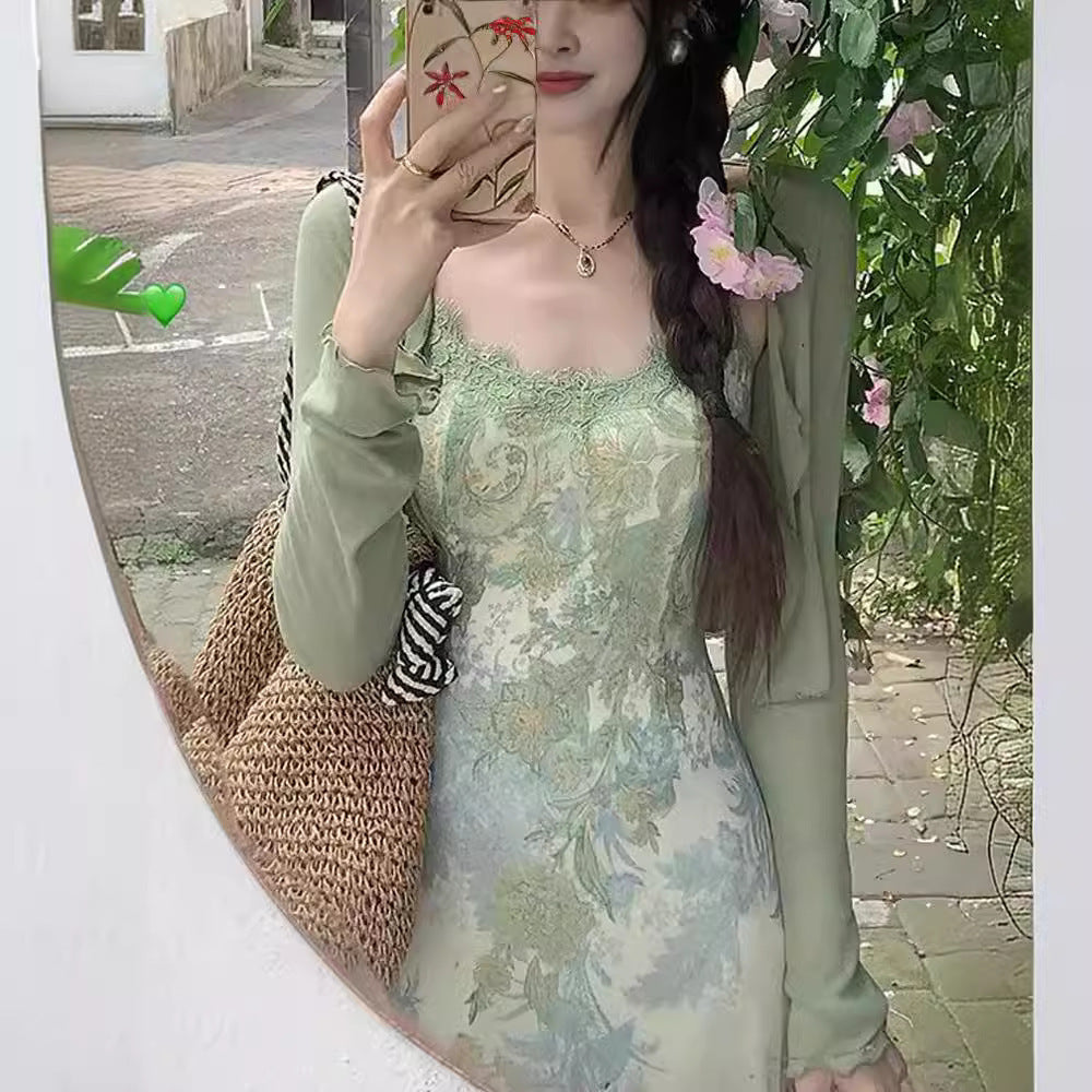 New Chinese Retro Jacquard Dress Women's Summer Cardigan Suspender Skirt Two-piece Set