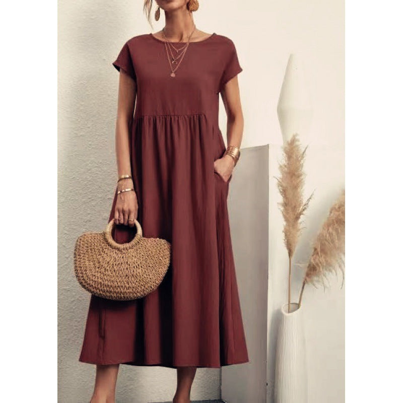Solid Color Short Sleeved Loose Cotton And Linen Dress With Pockets