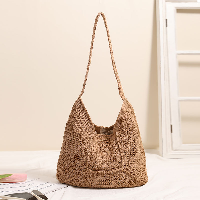 Large Capacity Cotton Braided Grandma Plaid Straw Woven Vacation Beach Versatile Women's Bag