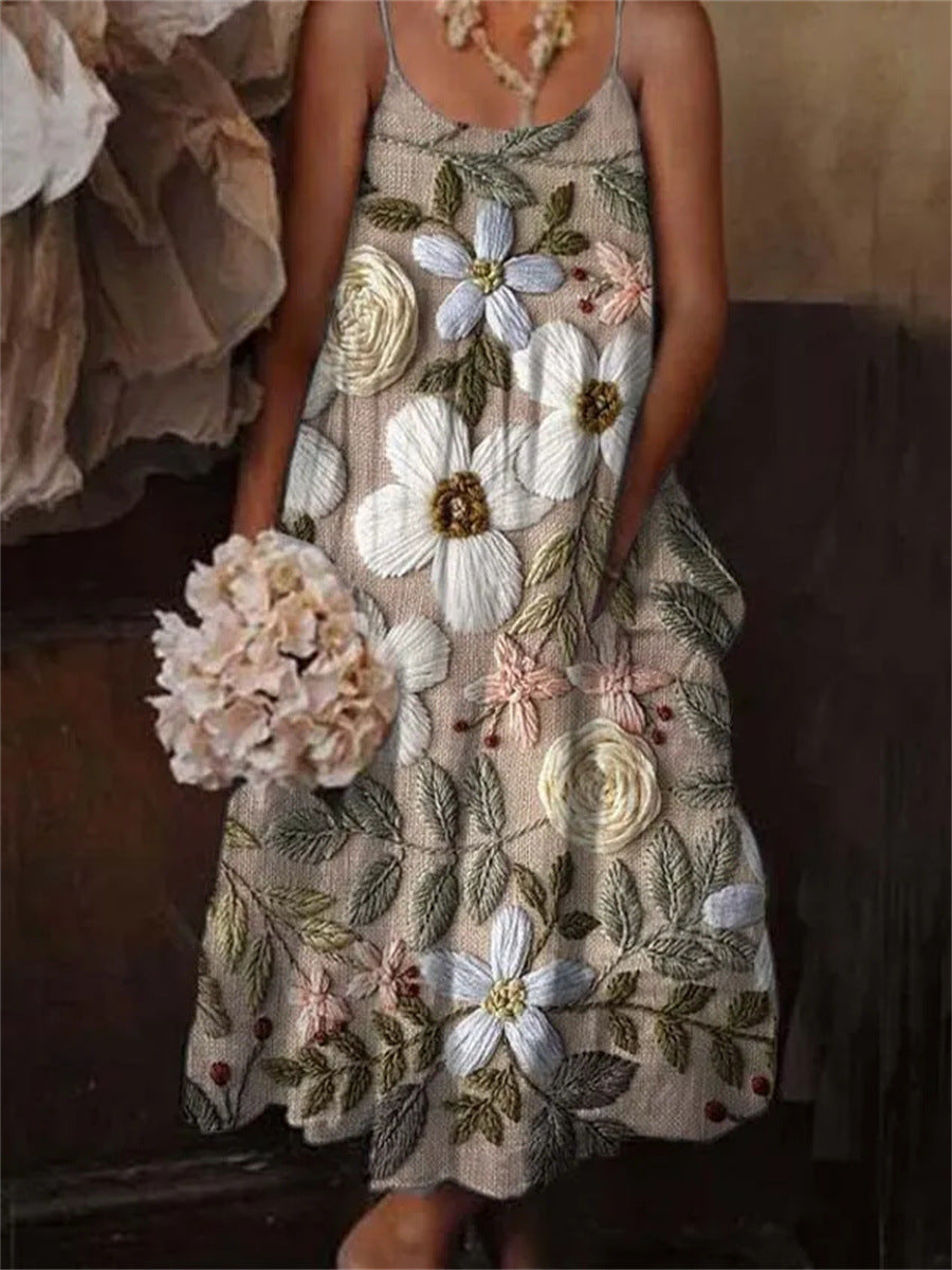 Cross-border European And American Style Women Floral Art Printing Casual Sling Holiday Dress