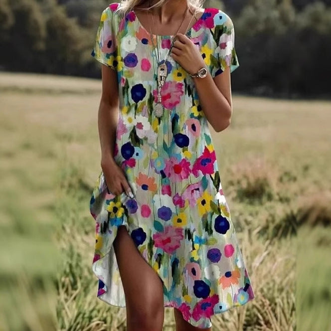 Women's Round Neck Short Sleeve Digital Positioning Printing Dress