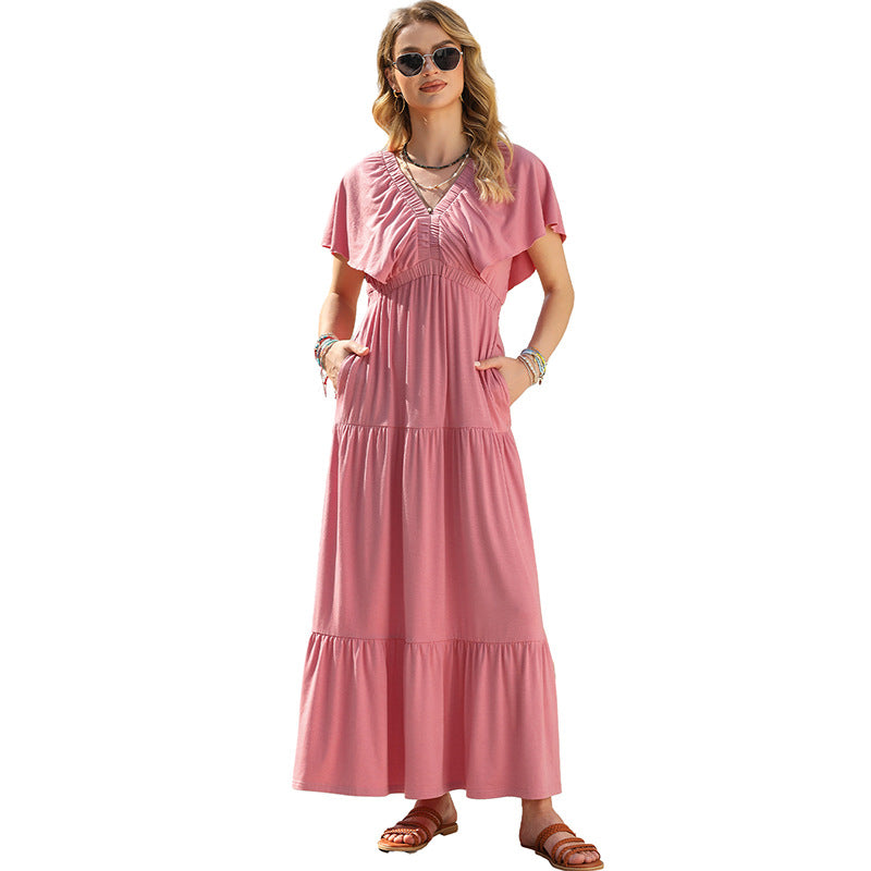 Waist Tight Commute Style Frill Short Sleeve Dress