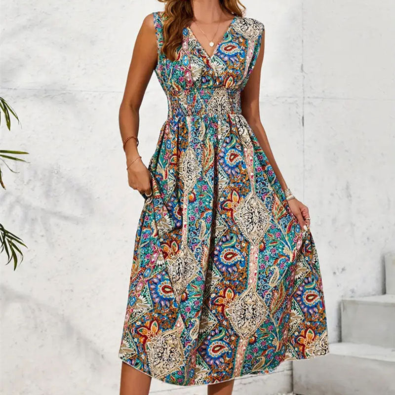 Women's Fashion Printed V-neck Sleeveless Dress