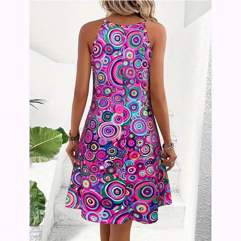 Psychedelic Colorful Spiral Printed Halter Mini Dress