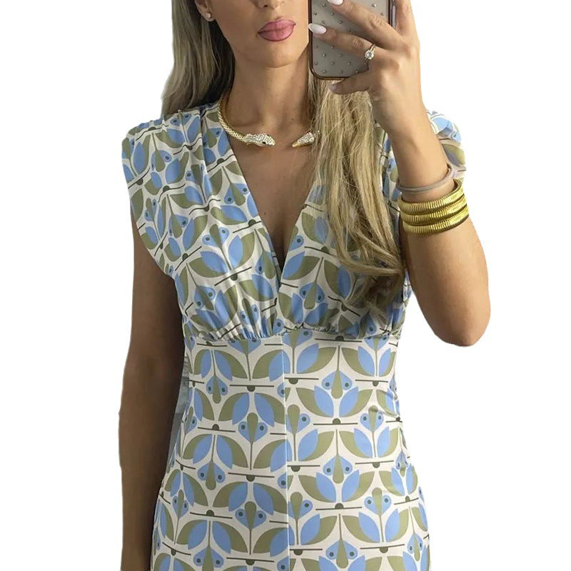 Deep V Split Print Dress Slim Fit