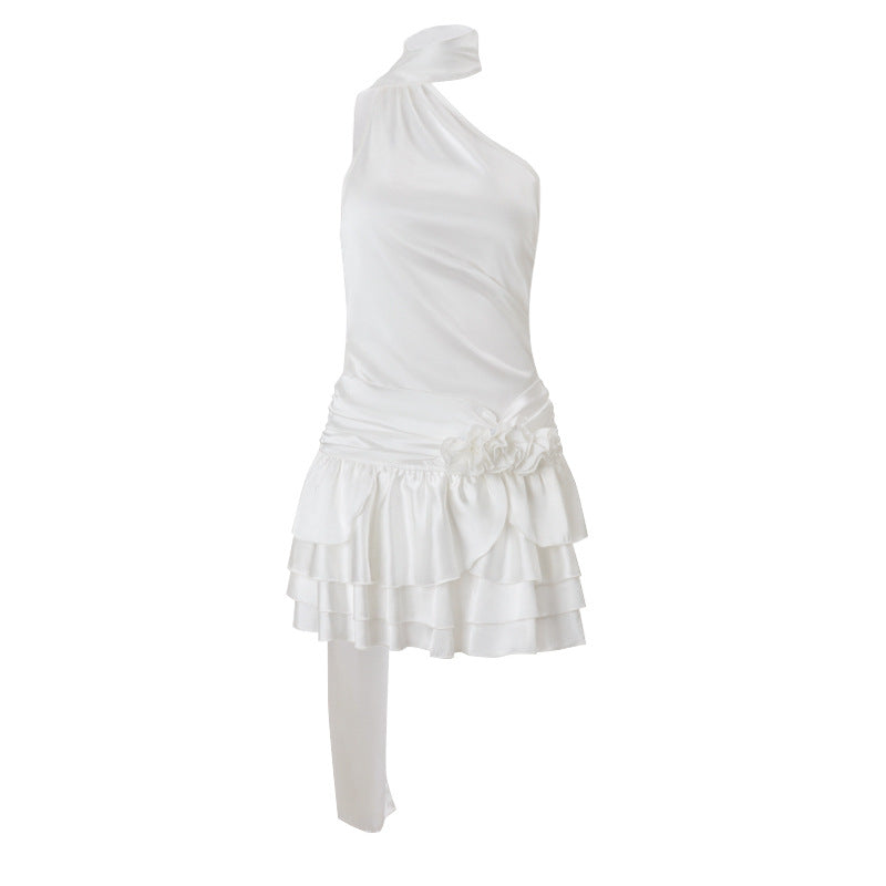 Women's Spring Sexy French Style Temperament High-grade Off-shoulder Satin Backless Dress