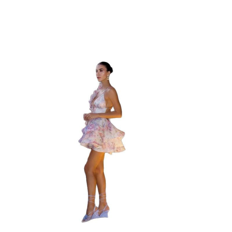 Women's Floral Halter Spaghetti Straps Jumpsuit Skirt