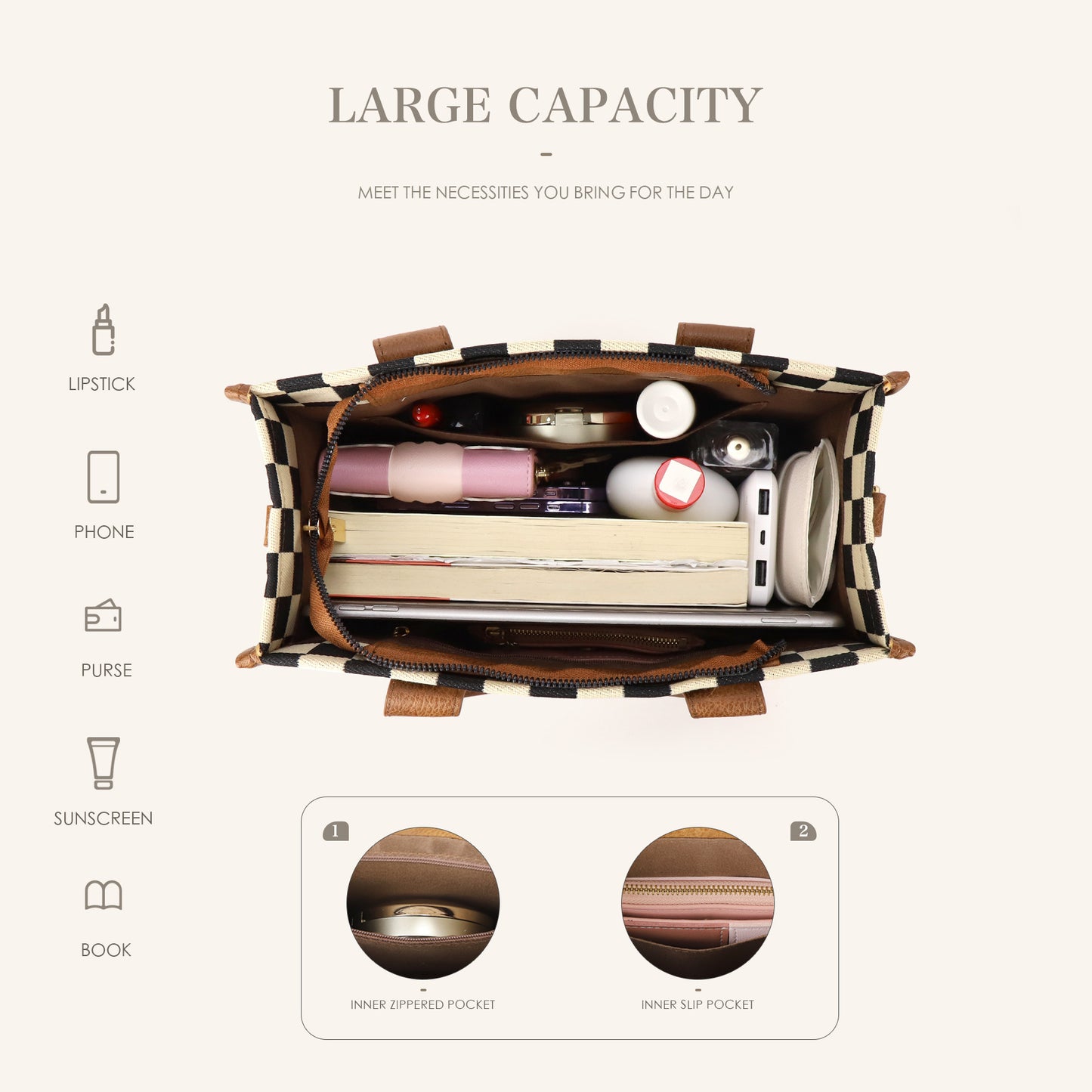 Travel Plaid Tote Bag With Shoulder Strap