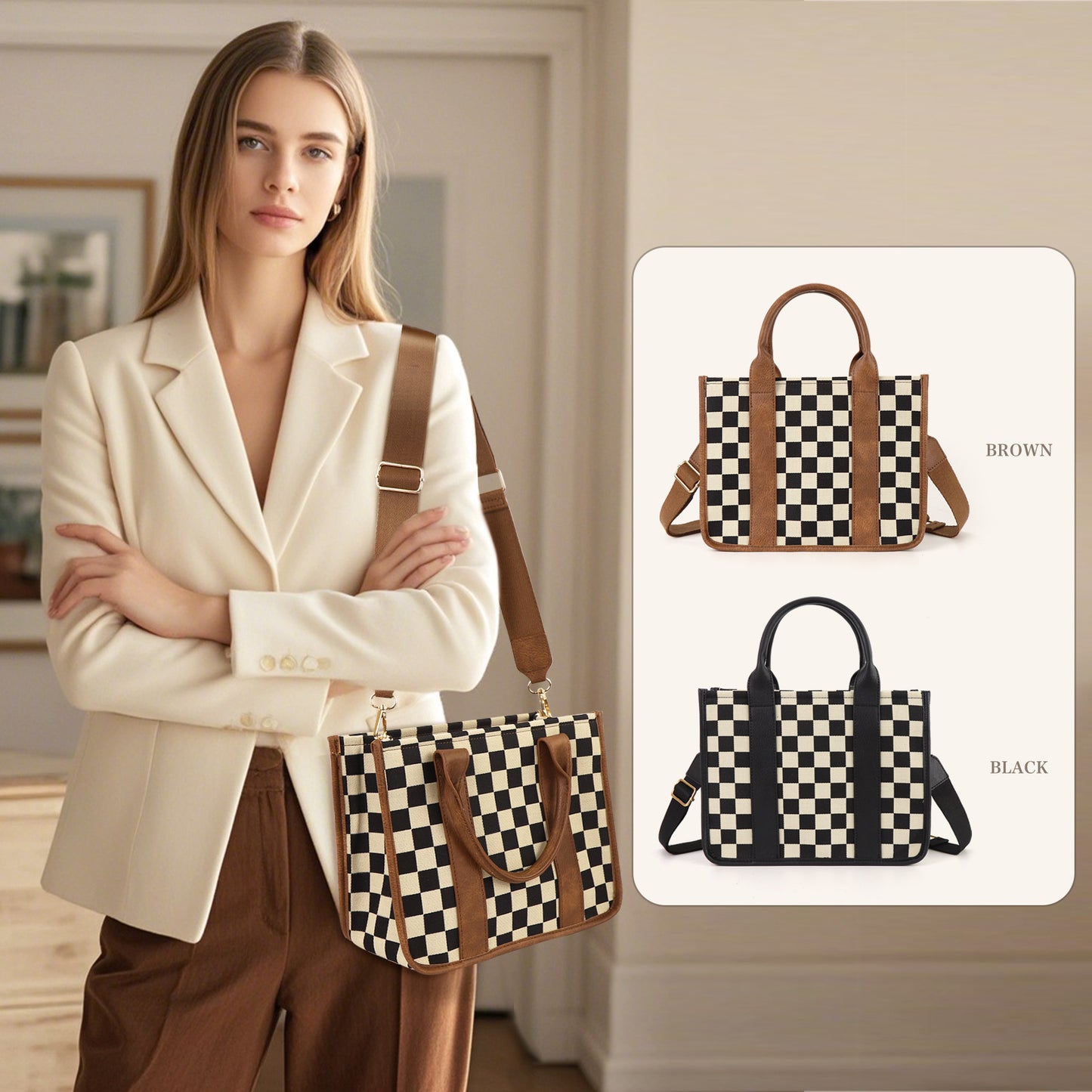 Travel Plaid Tote Bag With Shoulder Strap