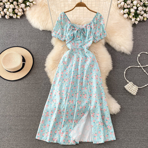 Women's Clothing Princess Sleeves Off-neck Sexy Slit Slim Fit Printed Dress