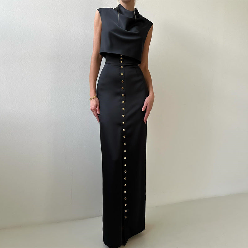 Summer New Pile Collar Sleeveless Top Breasted Skirt Slim Fit Suit