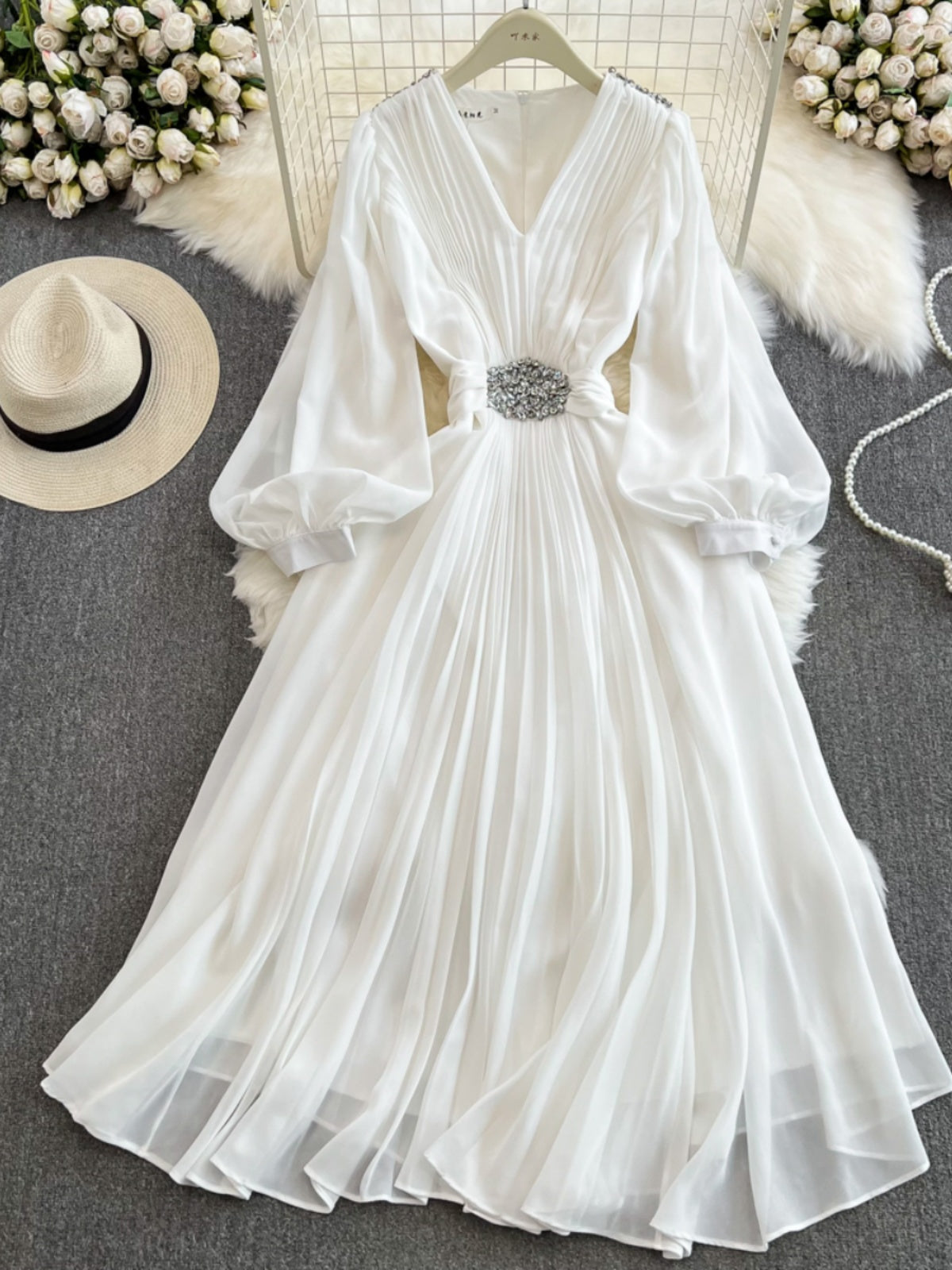 Seaside Holiday Waist Slimming A- Line Chiffon Pleated Dress Elegant Large Swing Dress