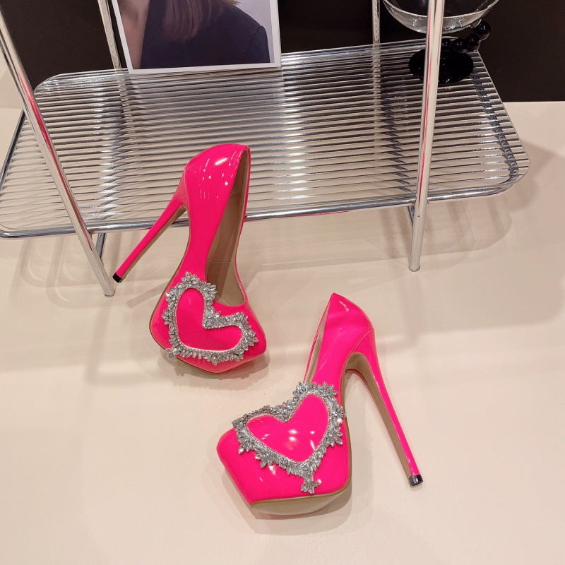 Rhinestone Love Heart Waterproof Platform High Heels